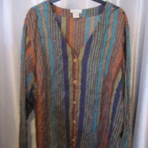 Phases Multi Color Striped V Neck Button Down Shirt Sz 2X 100% Cotton Pre-Owned